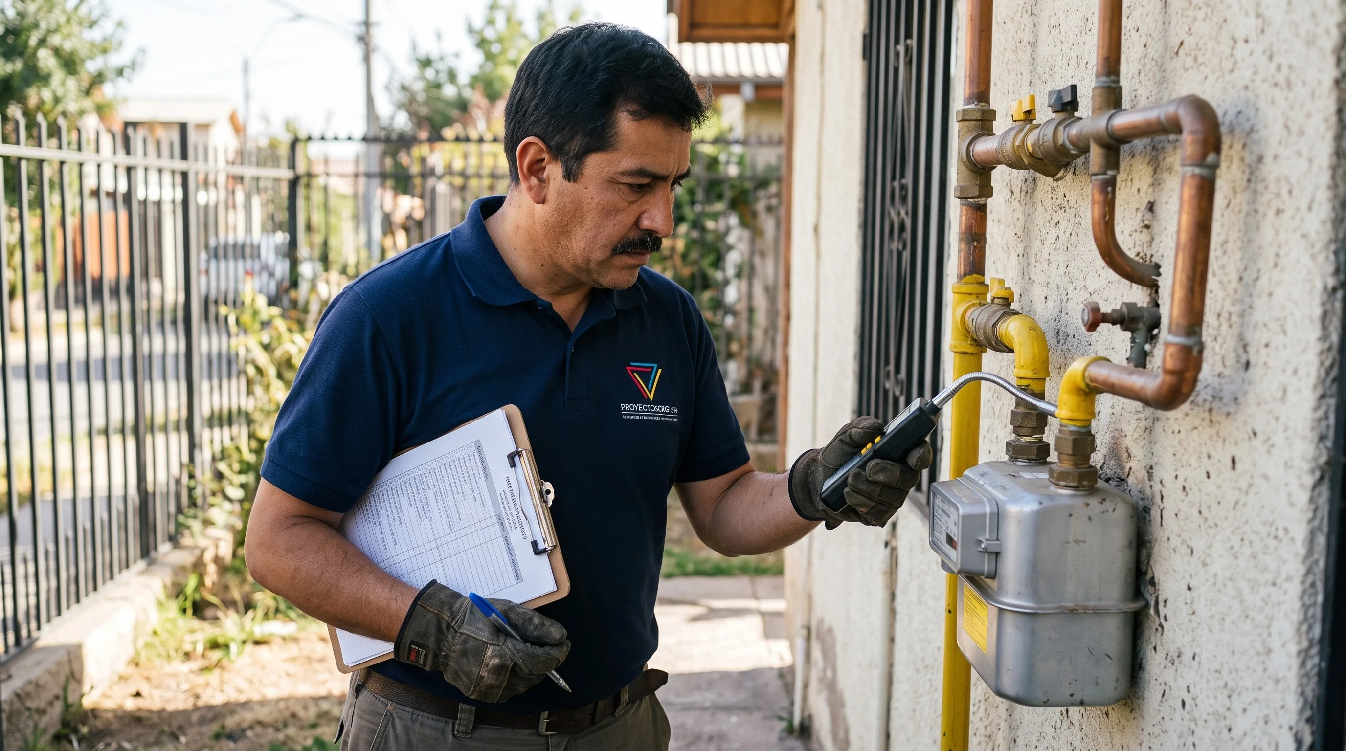 Técnico de Proyectos CRG revisando un medidor de gas con una pauta de inspección