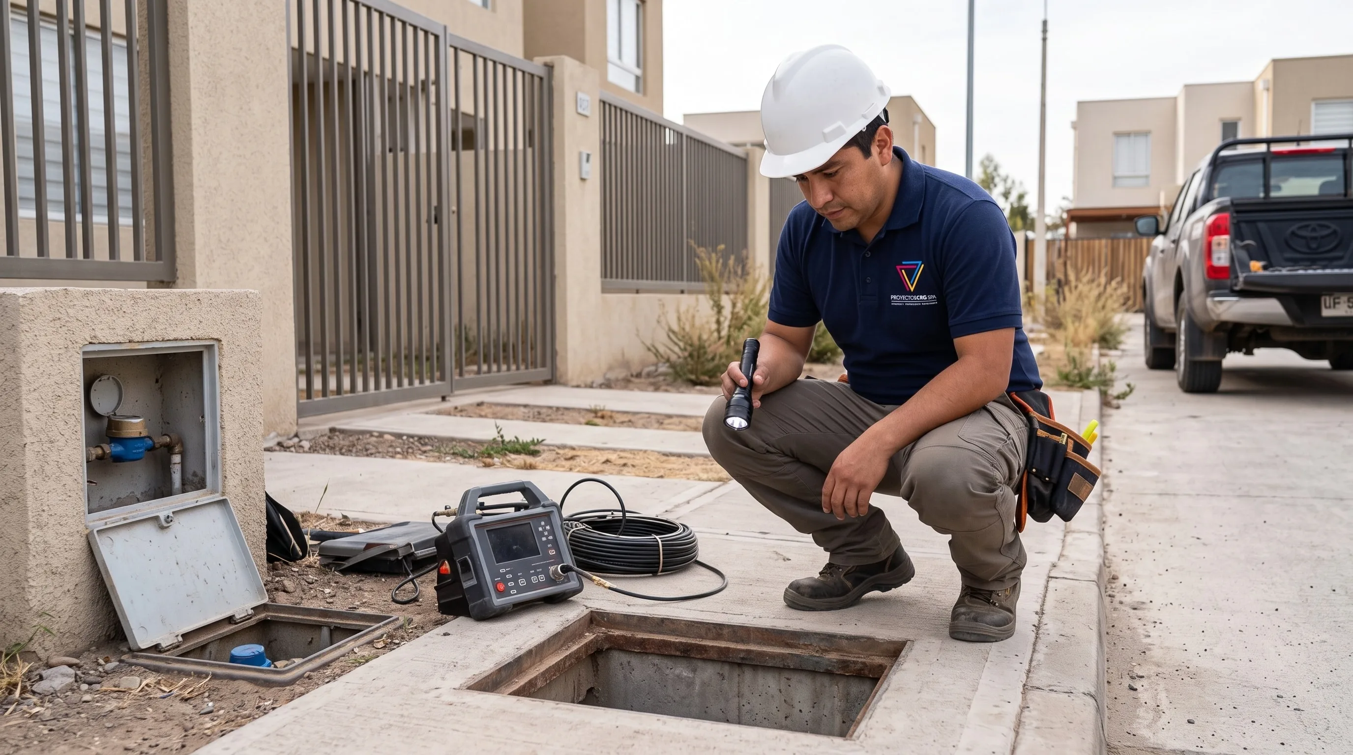 Técnico de Proyectos CRG revisando una cámara de inspección de alcantarillado frente a una casa
