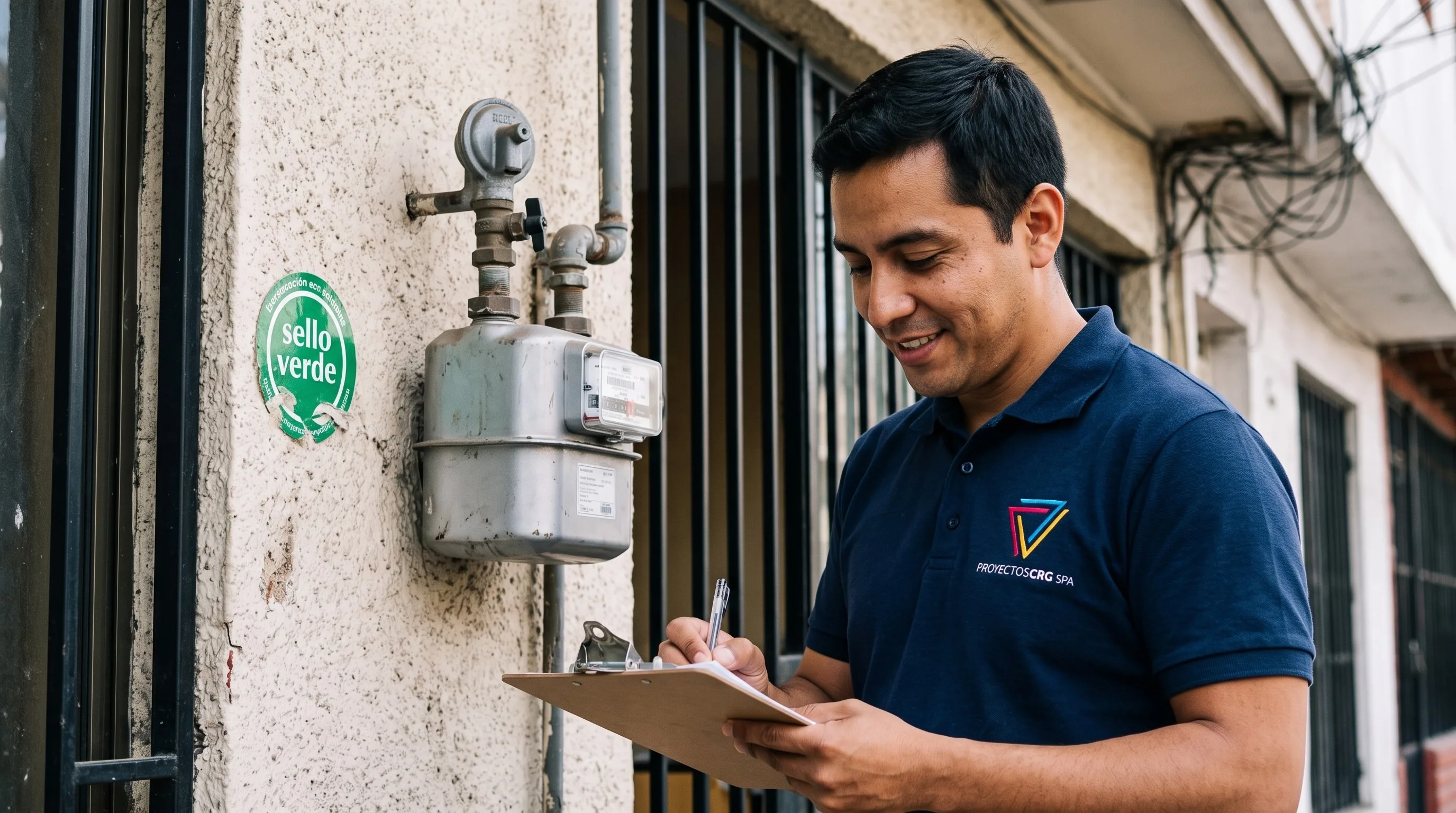 Técnico de Proyectos CRG revisando un medidor de gas con el sello verde